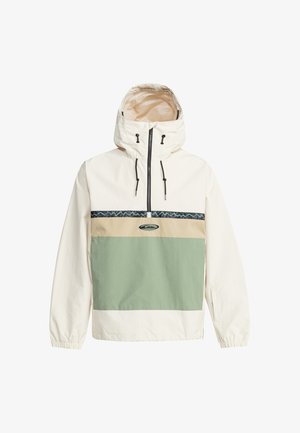 Lightweight hooded jacket in cream, green, and beige. Features a zippered front, elastic cuffs, and patterned accent across the chest.