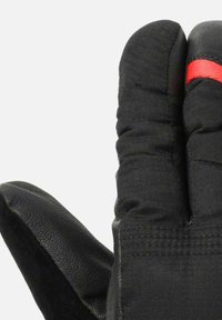 Gant isolant noir avec tissu rembourré, paume en cuir et une bande d'accent rouge sur le dos. Présente des coutures pour plus de durabilité.