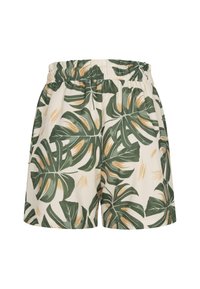 Cotton shorts with an elastic waistband, featuring a green and beige tropical leaf pattern, light texture, and loose fit.