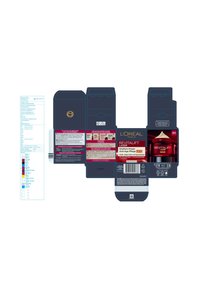 L'Oreal Revitalift Laser-förpackning, mörkblå med kontrasterande röda accenter, innehåller textbeskrivningar, ingredienser och en produktbild på ena sidan.