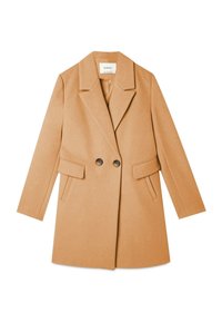 Cappotto doppio petto color cammello con rever a punta, due tasche frontali e bottoni neri. Realizzato in tessuto liscio con una silhouette strutturata.