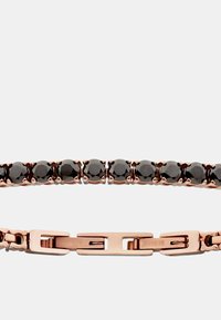 Bracciale in gemstones neri con link in metallo rosa, caratterizzato da una serie di pietre nere rotonde e sfaccettate fissate in impostazioni a artiglio.