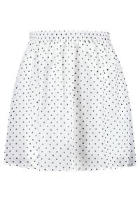 Gonna bianca in tessuto con vita arricciata, caratterizzata da un motivo di piccoli pois neri, dalla linea leggera e fluida.