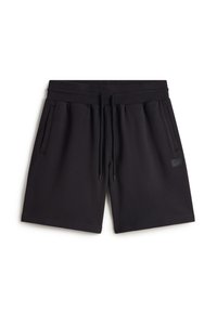 Shorts neri in felpa di cotone. Presentano una vita elastica con cordoncino, tasche laterali e un piccolo logo applicato.
