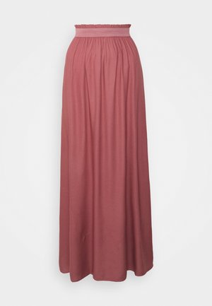 Maxi-rok in stoffig roze, gemaakt van zachte stof. Voorzien van een gerimpelde tailleband en een vloeiend ontwerp. Glad oppervlak zonder zichtbare patronen.