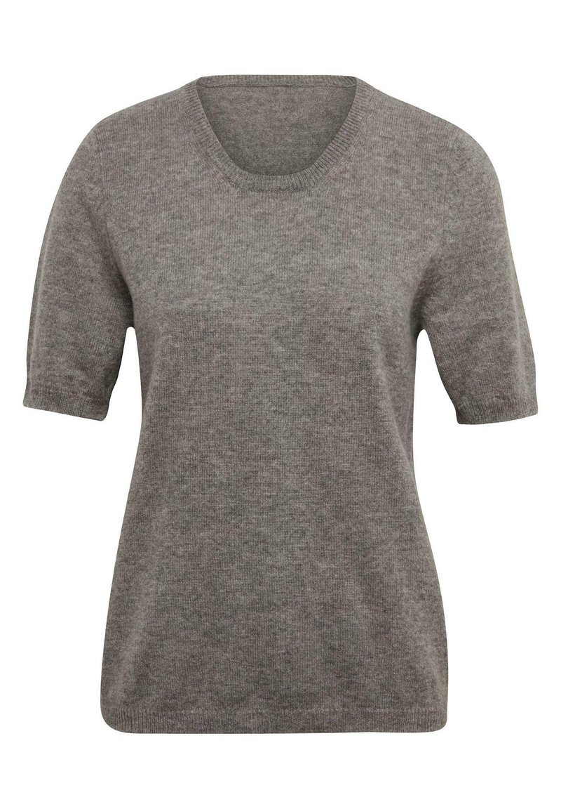 Grijze korte mouwen trui gemaakt van zacht, gestructureerd materiaal, met een ronde halslijn en een relaxte pasvorm zonder zichtbare patronen of hardware.