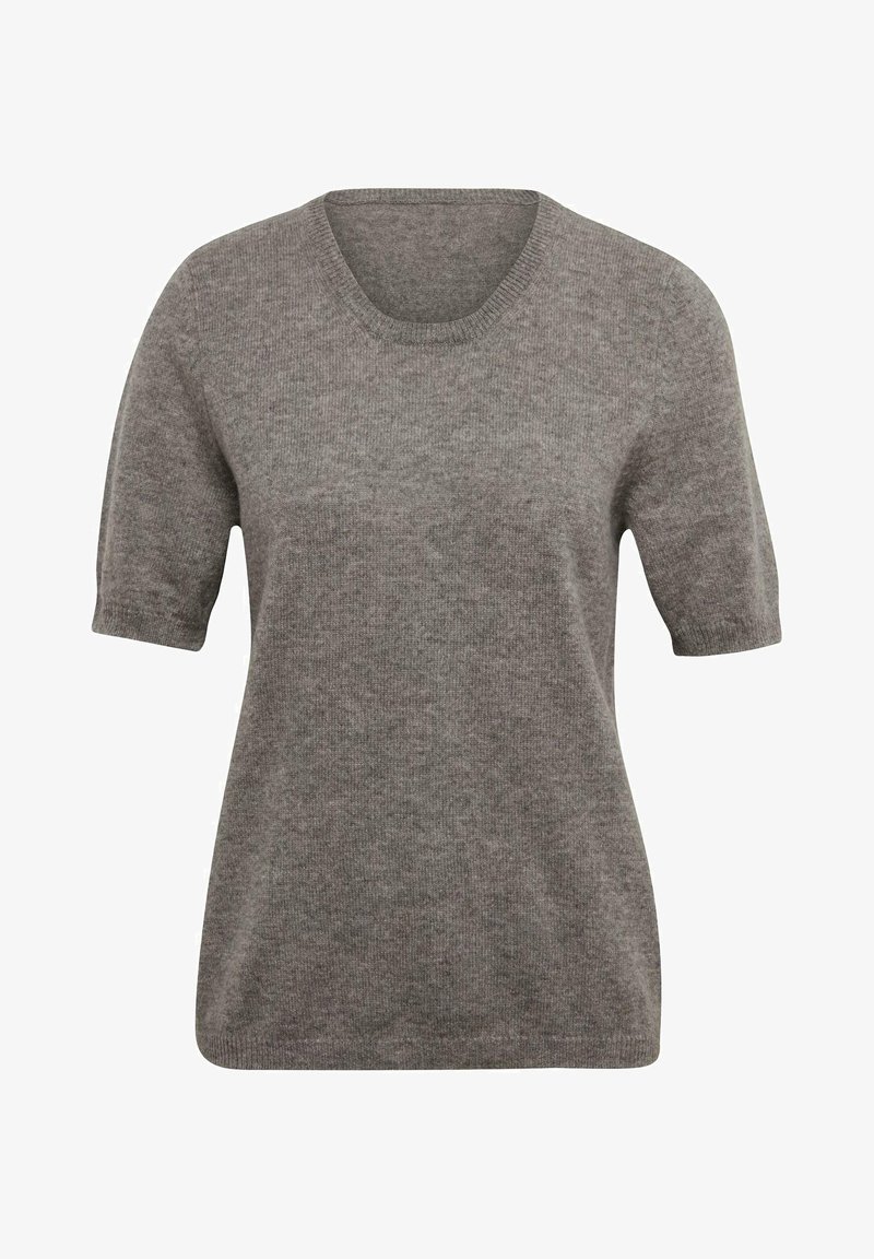 Grijze korte mouwen trui gemaakt van zacht, gestructureerd materiaal, met een ronde halslijn en een relaxte pasvorm zonder zichtbare patronen of hardware.