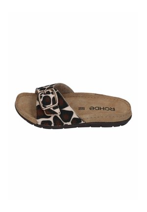 Brown suede slide sandal with leopard print strap and silver buckle, flexible black sole, and ROHDE branding on footbed.