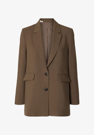 Brun skräddarsydd kavaj med slagfickor, två framfickor med klaff, två svarta knappar och långa ärmar.