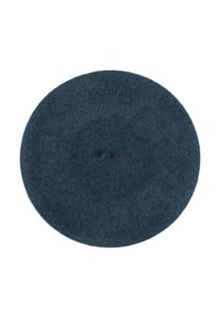 Dunkelblaue Filzberet, runde Form mit glatter Textur und einem kleinen zentralen Nahtdetail. Keine zusätzlichen Verzierungen oder Muster.
