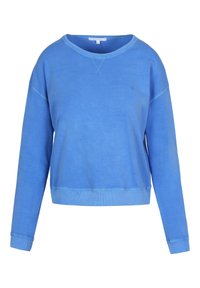 Sweatshirt azzurro a collo rotondo realizzato in misto cotone, con polsini e orlo a coste, e un piccolo dettaglio del logo sul petto. Texture morbida.