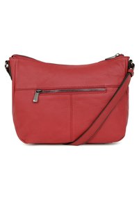 Borsa a tracolla rossa in pelle con tasca anteriore a zip, forma arrotondata e tracolla regolabile. Texture liscia con dettagli di cucitura discreti.