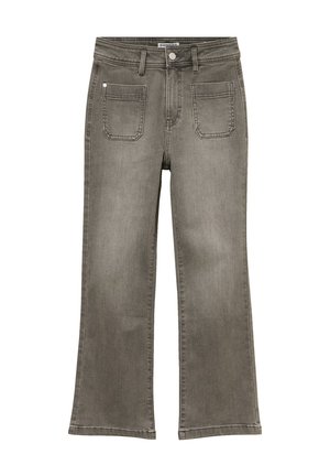 Vaqueros de mezclilla gris de pierna acampanada con una cintura media, que cuentan con dos bolsillos frontales y dos traseros, detalles de costura y un corte de pierna recta.