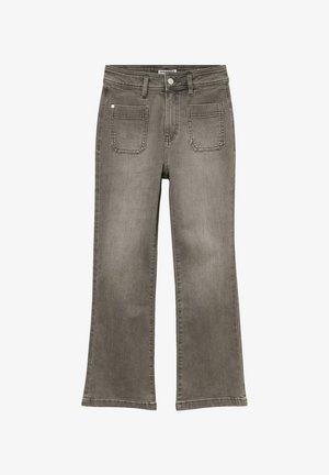 Jean flare en denim gris avec une taille mi-haute, dotés de deux poches avant et de deux poches arrière, avec des détails brodés et une ouverture de jambe droite.