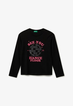 Schwarzes Langarmshirt mit einem Diskokugel-Graphic und pinkem Text, der "See you on the dance floor" auf der Vorderseite liest.