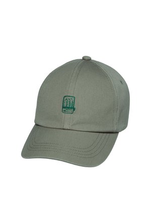 Graue Baseballkappe mit gebogenem Schirm und einem kleinen grünen gestickten Symbol von drei vertikalen Figuren in einem rechteckigen Rahmen auf dem Frontpanel.