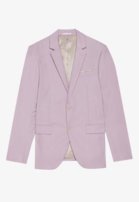 Lilla dressjakke med to frontlommer, en brystlomme og gullfargede knapper. Innvendig er den foret med et lett stoff.