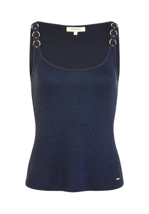 Laivastonsininen hihaton paita, jossa on hienovarainen kimallus, pyöreä pääntie ja kaksinkertaiset olkaimet kultasävyisillä rengasdetaljeilla.