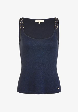 Navy blue sleeveless top with subtle shimmer, scoop neckline, and double shoulder straps with gold-tone ring details.
