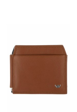 Portefeuille en cuir marron avec des coutures visibles et un petit logo métallique en bas à droite, sur fond blanc.