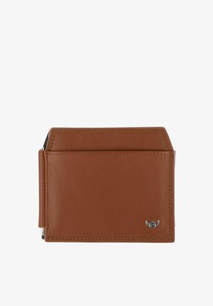 Portefeuille en cuir marron avec des coutures visibles et un petit logo métallique en bas à droite, sur fond blanc.