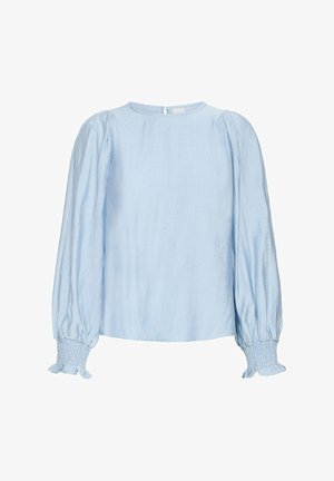 Helleblaue Bluse mit rundem Ausschnitt, langen Puffärmeln und gerafften Akzenten an den Manschetten. Hergestellt aus einem strukturierten Stoff.