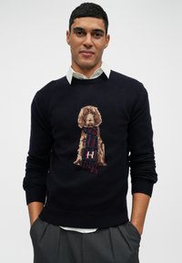 Mornarski pleteni pulover s izvezenim psom koji nosi višebojni šal. Tkanina izgleda mekana s klasičnim izrezom u obliku okruglog vrata i rebrastim manžetama.