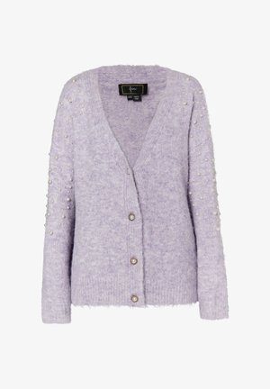 Lila cardigan met een zachte, flonkerige textuur, met parelversieringen op de mouwen en drie knopen aan de voorkant. V-hals ontwerp.