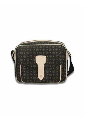Borsa a messanger nera con motivi e dettagli beigi, tracolla regolabile e chiusura con pattina frontale dotata di una linguetta centrale. Materiale resistente.