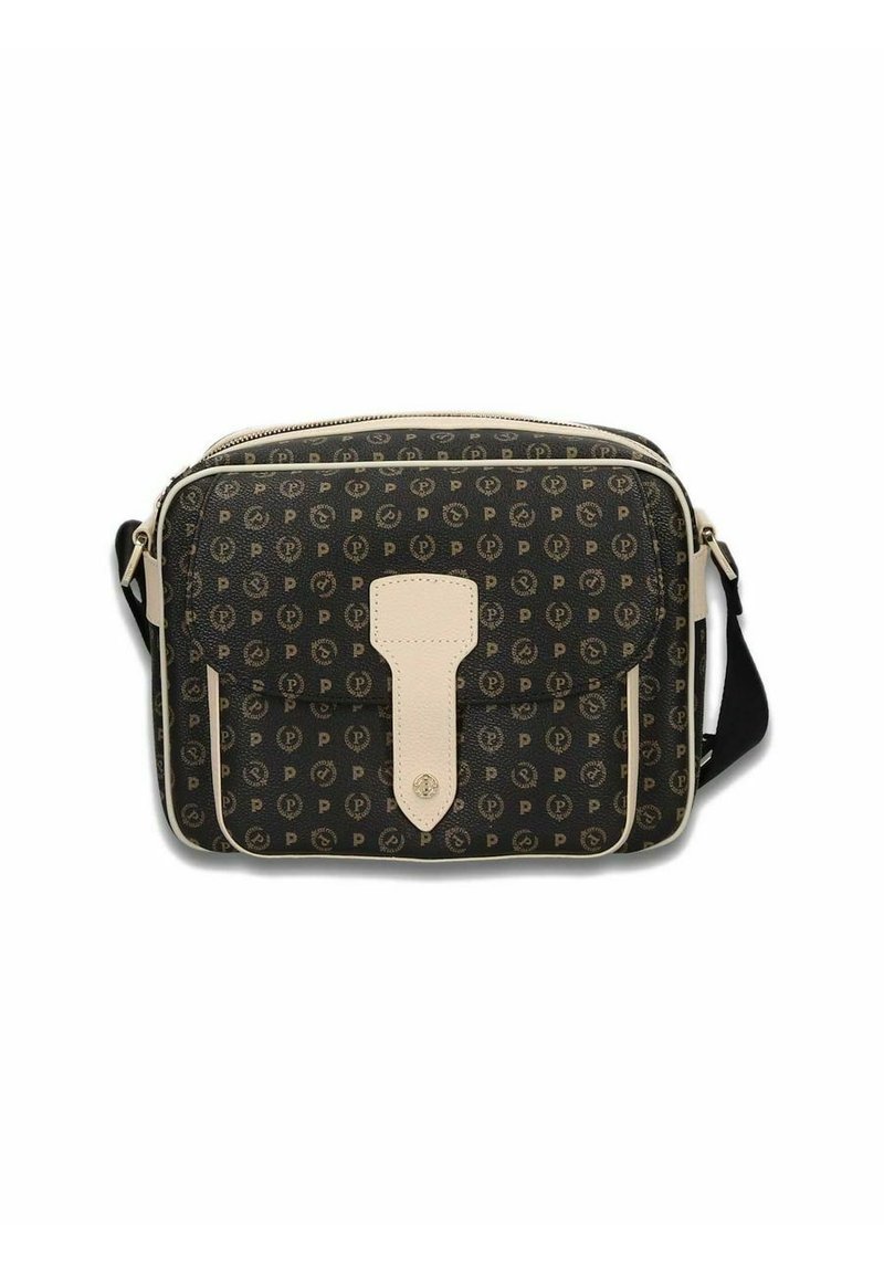 Borsa a messanger nera con motivi e dettagli beigi, tracolla regolabile e chiusura con pattina frontale dotata di una linguetta centrale. Materiale resistente.