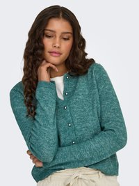 Teal knit cardigan with a v-neck, pearl button details, and ribbed cuffs. Soft texture, fitted design. Worn over a white top.