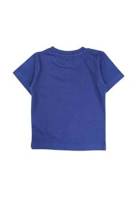 T-shirt à manches courtes en coton bleu uni avec un col rond. Texture douce et coupe décontractée, dos uni sans détails supplémentaires ni logos.
