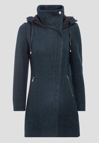 Dark teal coat with a high collar and attached hood, featuring silver hardware and two side zip pockets. Textured fabric adds depth.