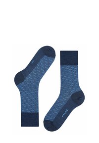 Calzini blu con motivo geometrico; cima e tallone a coste in blu scuro; texture morbida; marchiati con "FALKE" sulla suola.