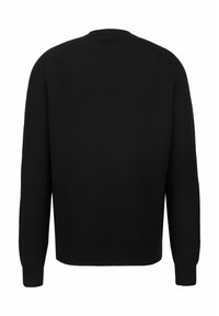 Schwarzer Strickpullover mit gerippter Textur, Rundhalsausschnitt und langen Ärmeln. Die Rückansicht zeigt ein einfarbiges Design ohne zusätzliche Details.