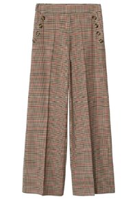 Wijduitlopende broeken in een geruit patroon met beige, rood en zwarte tinten. Drukknopen aan de zijkant. Gemaakt van een gestructureerde stof.