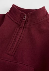 Maglione bordeaux con colletto alto, caratterizzato da una chiusura con zip e un tessuto morbido e textured. Include una tasca frontale e cuciture rinforzate.