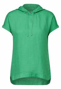 Felpa verde con cappuccio e maniche corte, caratterizzata da una vestibilità rilassata, dettaglio con coulisse e un orlo posteriore leggermente più lungo per una maggiore copertura.
