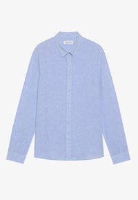 Light blue long-sleeve shirt made of fabric with a subtle texture, featuring a pointed collar and full button front. Trimmed cuffs with buttons.