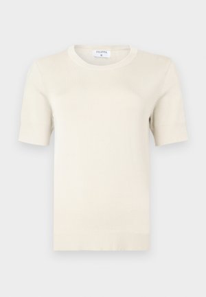 Morbido maglione a maniche corte color crema con scollo rotondo. Presenta un orlo e polsini a coste, realizzato in materiale leggero.