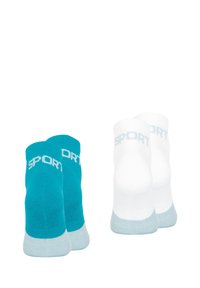 Chaussettes de sport turquoise et blanches avec des bords côtelés, arborant le logo 'SPORT' dans des couleurs contrastantes, présentées côte à côte.