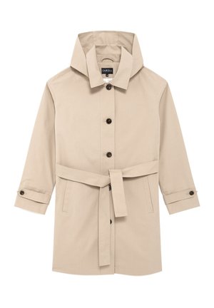Beige trenchcoat met een grote kraag, knoopsluiting, ceintuur in de taille, lange mouwen met verstelbare manchetten en een gladde stoftextuur.