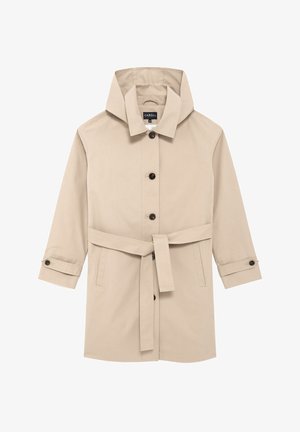 Trench-coat beige avec un grand col, fermeture à boutons, taille ceinturée, manches longues avec poignets ajustables, et une texture de tissu lisse.