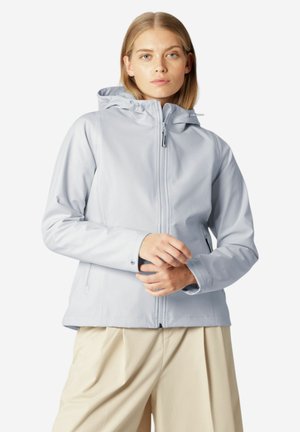 Lichtgrijze, hoodie-jack van een glad, waterproof materiaal. Voorzien van een frontrits, zijzakken en verstelbare manchetten.