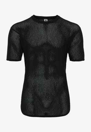 Black mesh short-sleeve shirt with a round neck, featuring a loose, breathable design and textured open weave pattern throughout.