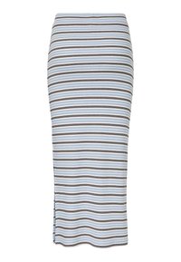 Jupe midi rayée en bleu clair avec des rayures horizontales marron et blanches, texture côtelée, présentant une fente sur le côté pour un confort de mouvement.