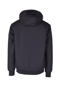 Schwarze Kapuzenjacke mit glatter Textur und elastischen Bündchen, die ein einfaches, minimalistisches Design ohne sichtbare Beschläge oder Akzente aufweist.