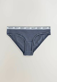 Culotte de bikini bleu marine avec des rayures horizontales blanches et une ceinture blanche portant le texte répété "NEXT" en noir.