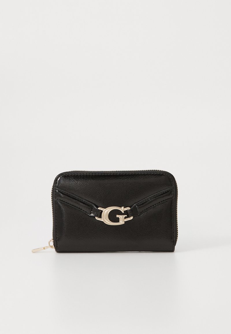 Black leather wallet with a glossy finish, featuring a gold "G" logo and zip closure, accented with decorative stitching on the front.
