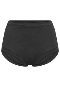 High-waisted black cotton underwear featuring a smooth texture, elastic waistband, and seamless sides for comfort and fit.